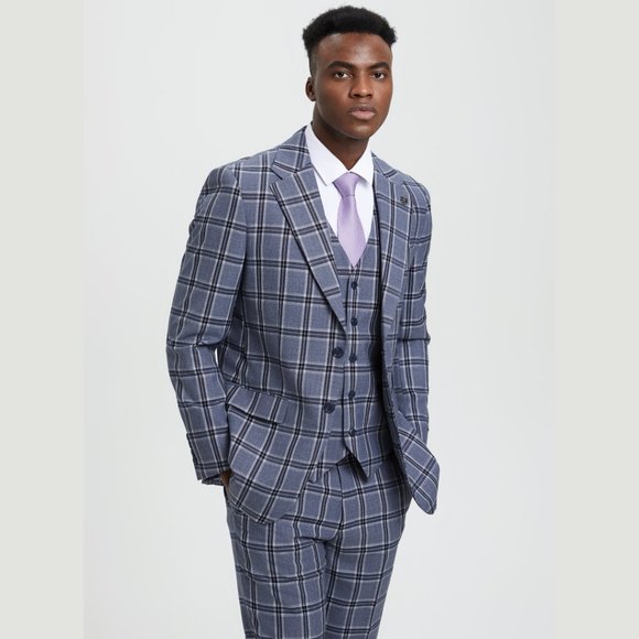 Stacy Adams Windowed Plaid 3pc Mens Suit, Stoned Blue - Picture 3 of 7